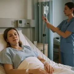 Pacjentka w łóżku szpitalnym z kroplówką, pielęgniarka reguluje stojak.
