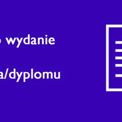 Ikona dokumentu z tekstem "Wniosek o wydanie duplikatu świadectwa/dyplomu" na niebieskim tle.