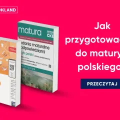 Dwie książki o maturze z polskiego na różowym tle.