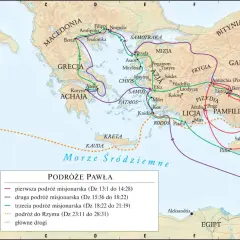 Mapa przedstawiająca podróże misjonarskie św. Pawła po Morzu Śródziemnym, z zaznaczonym Cyprem i Pafos.