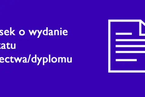 Ikona dokumentu z tekstem "Wniosek o wydanie duplikatu świadectwa/dyplomu" na niebieskim tle.