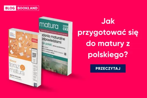 Dwie książki o maturze z polskiego na różowym tle.