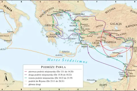 Mapa przedstawiająca podróże misjonarskie św. Pawła po Morzu Śródziemnym, z zaznaczonym Cyprem i Pafos.
