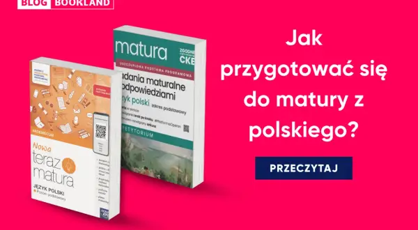Dwie książki o maturze z polskiego na różowym tle.