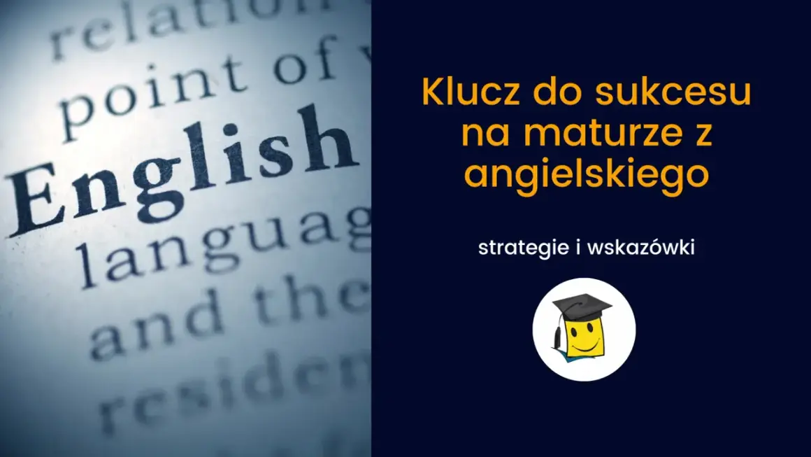 Zbliżenie na słowo "English" w książce, obok tekst "Klucz do sukcesu na maturze z angielskiego".