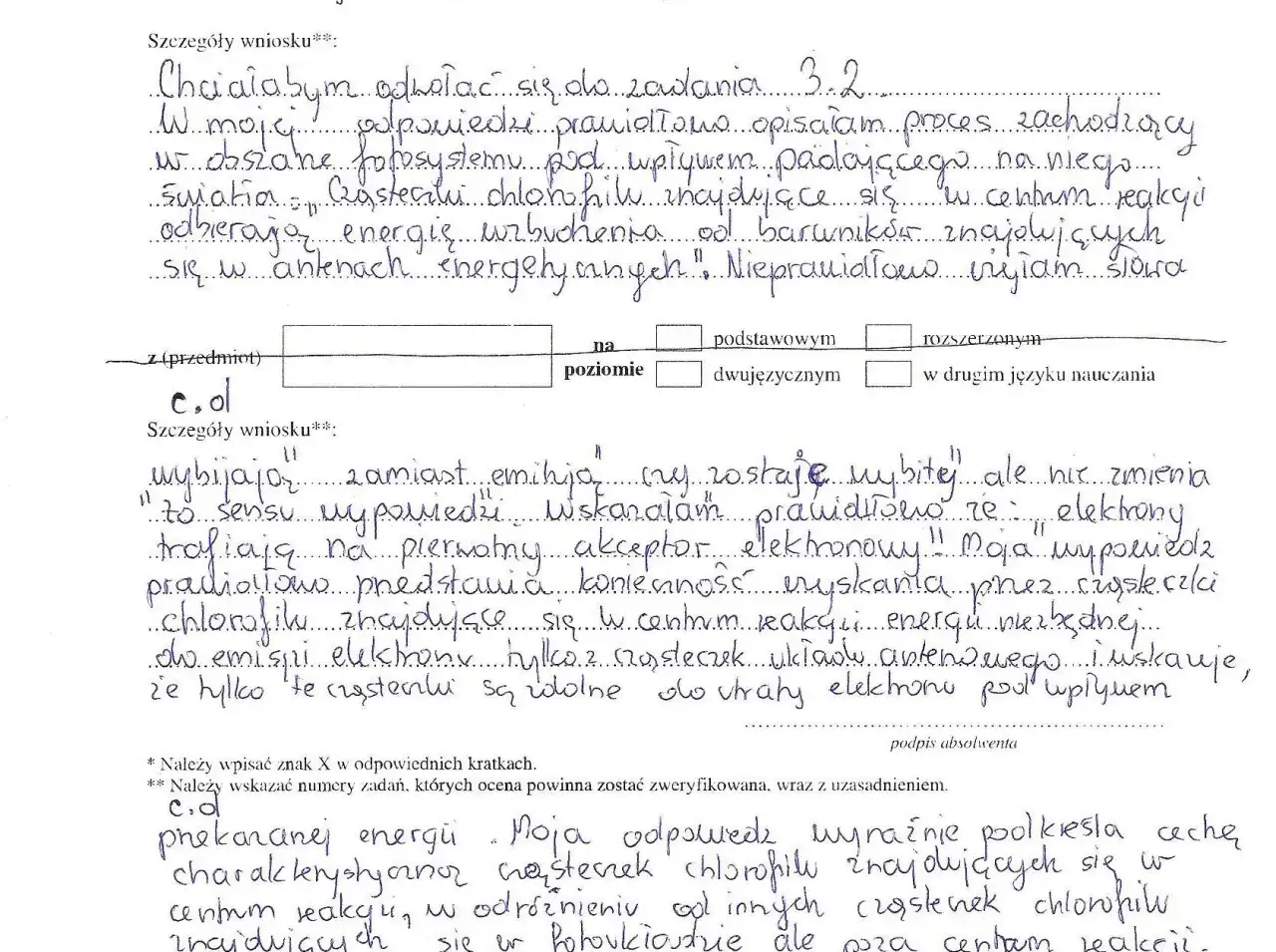 Odwołanie od matury: czy warto? Uczeń opisuje proces fotosyntezy, ale popełnia błąd w opisie roli chlorofilu.