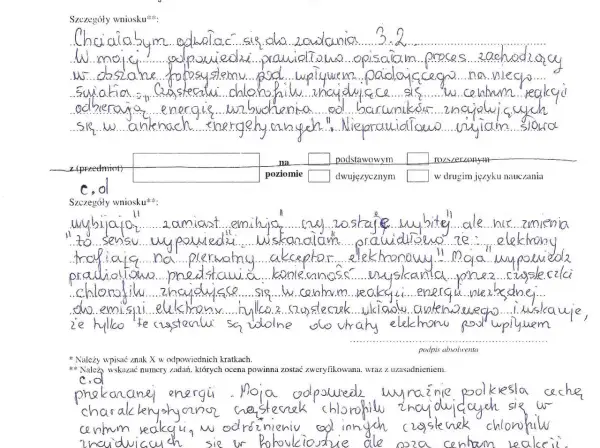 Odwołanie od matury: czy warto? Uczeń opisuje proces fotosyntezy, ale używa nieprecyzyjnych sformułowań.