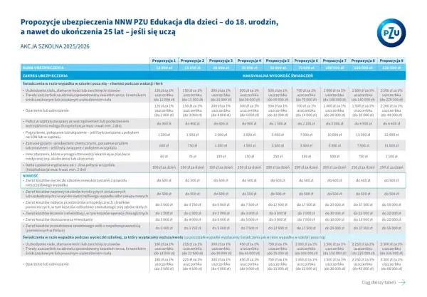 Tabela porównująca propozycje ubezpieczenia NNW PZU dla dzieci i młodzieży.