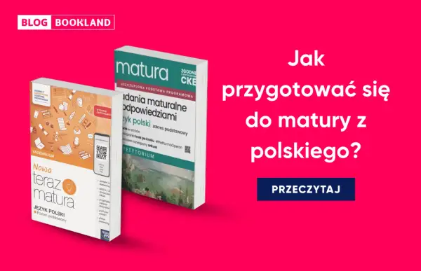 Dwie książki o maturze z polskiego na różowym tle.