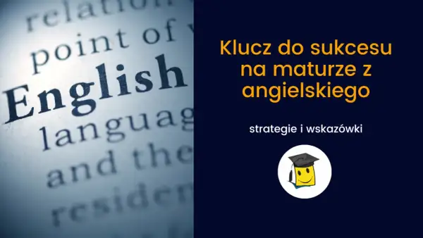 Zbliżenie na słowo "English" w książce, obok tekst "Klucz do sukcesu na maturze z angielskiego".