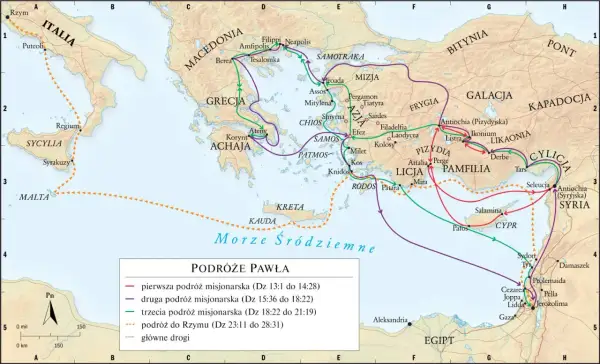 Mapa przedstawiająca podróże misjonarskie św. Pawła po Morzu Śródziemnym, z zaznaczonym Cyprem i Pafos.